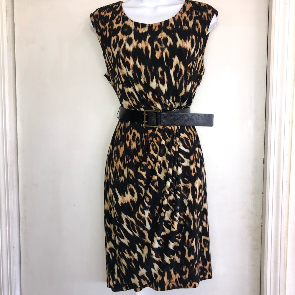 CALVIN KLEIN Leopard Faux Wrap Skirt Dress Belt